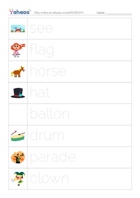 RAZ Vocabulary A: The Parade PDF one column image words