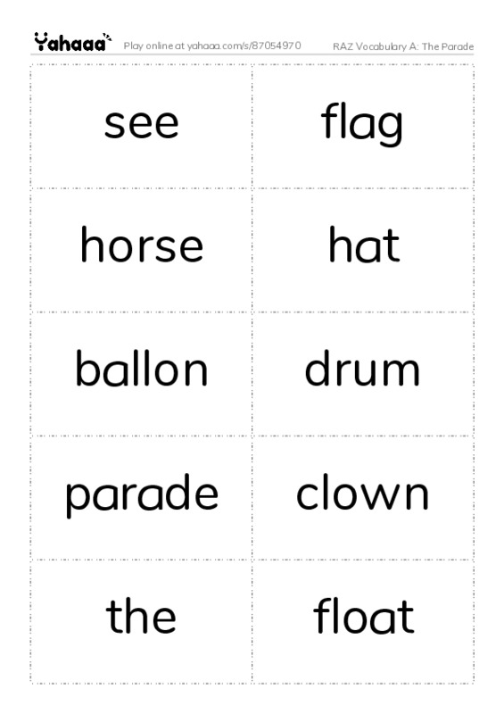 RAZ Vocabulary A: The Parade PDF two columns flashcards