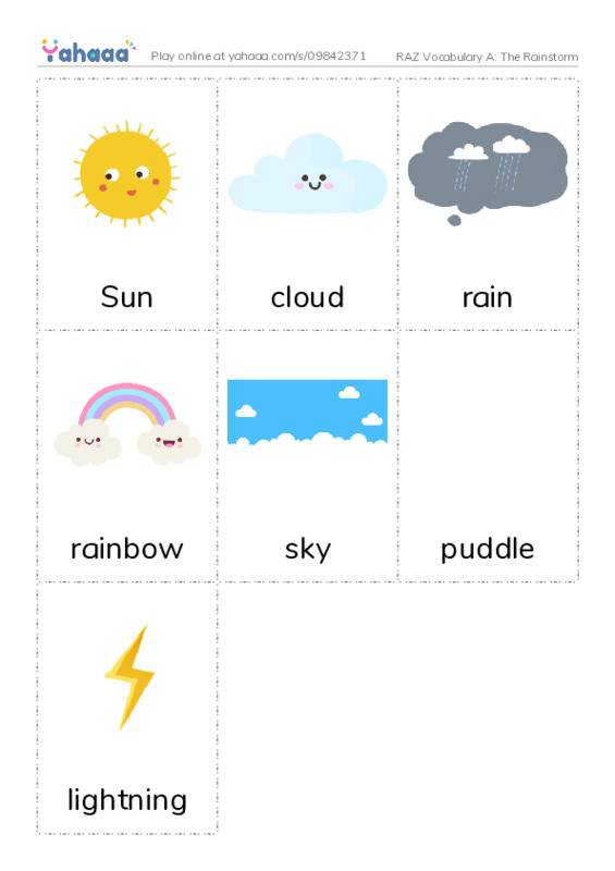 RAZ Vocabulary A: The Rainstorm PDF flaschards with images