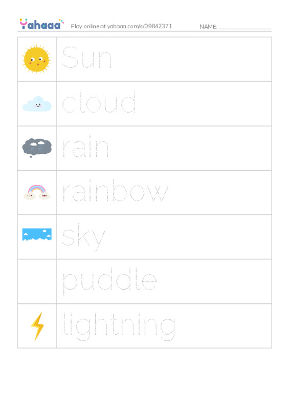 RAZ Vocabulary A: The Rainstorm PDF one column image words
