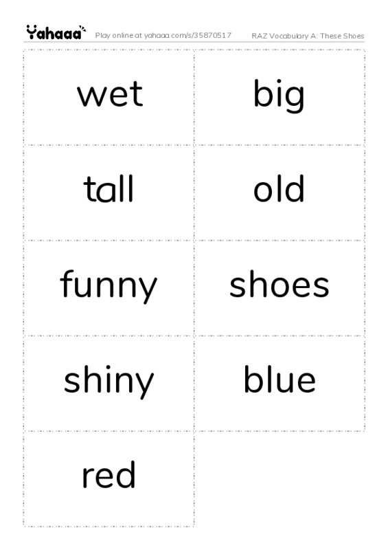 RAZ Vocabulary A: These Shoes PDF two columns flashcards