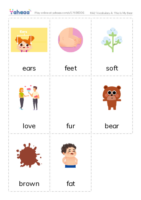 RAZ Vocabulary A: This Is My Bear PDF flaschards with images