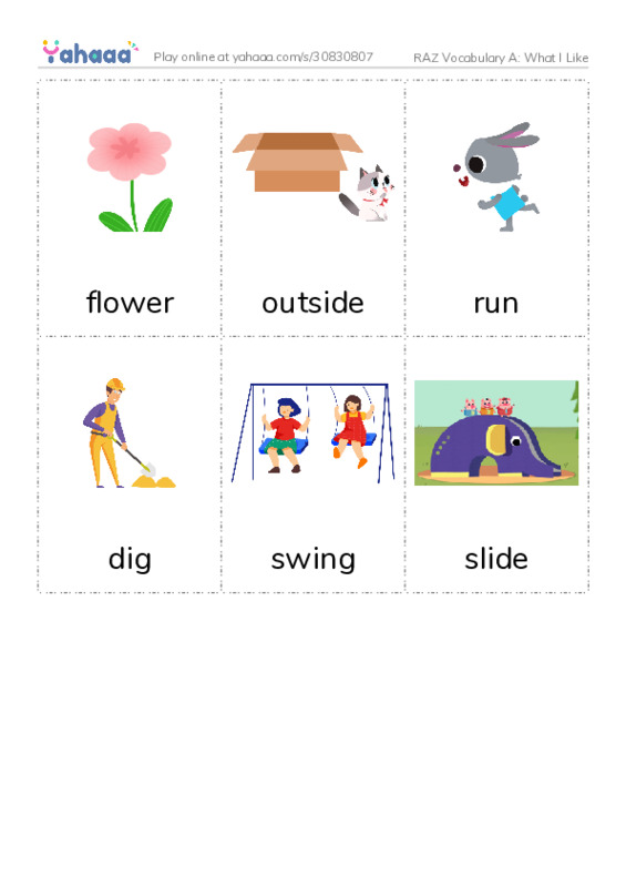 RAZ Vocabulary A: What I Like PDF flaschards with images