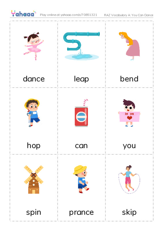 RAZ Vocabulary A: You Can Dance PDF flaschards with images