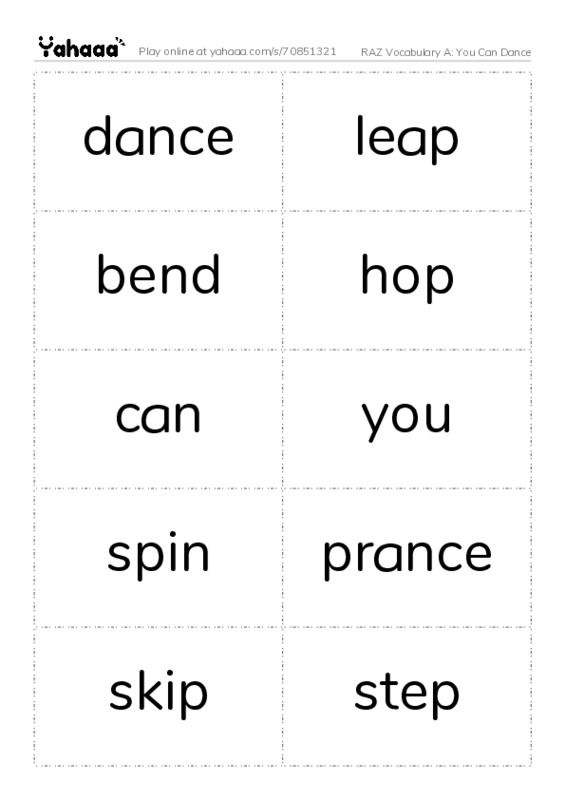 RAZ Vocabulary A: You Can Dance PDF two columns flashcards