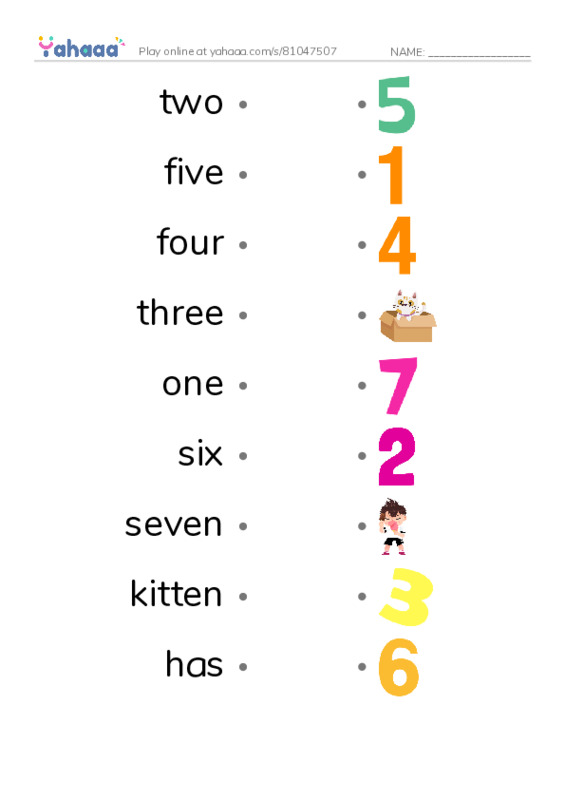 RAZ Vocabulary AAA: Carlos Counts Kittens PDF link match words worksheet