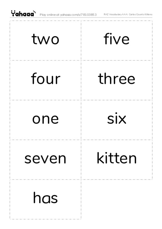RAZ Vocabulary AAA: Carlos Counts Kittens PDF two columns flashcards