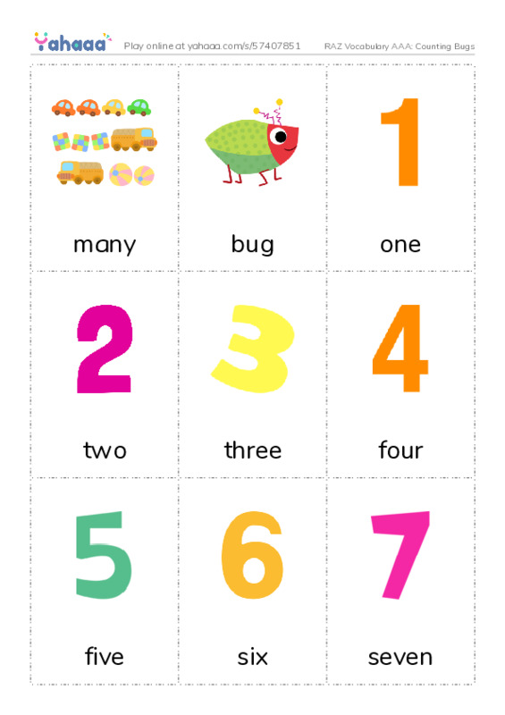RAZ Vocabulary AAA: Counting Bugs PDF flaschards with images