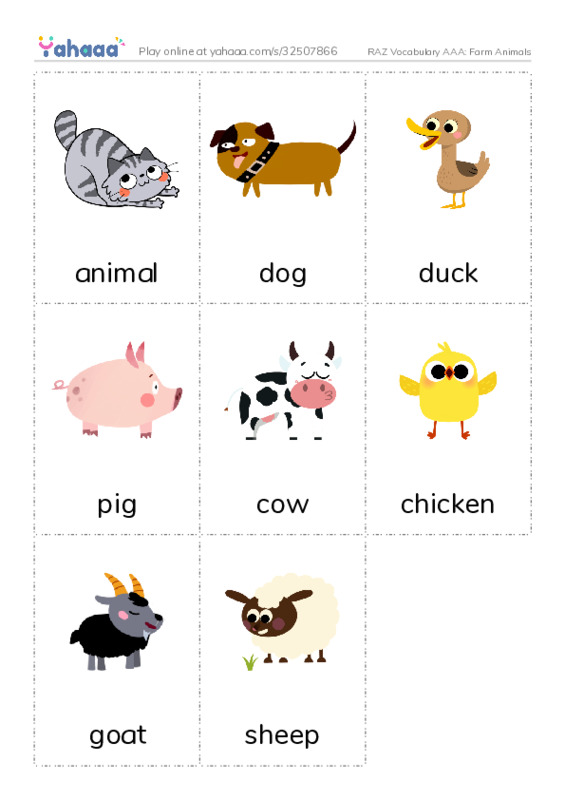 RAZ Vocabulary AAA: Farm Animals PDF flaschards with images