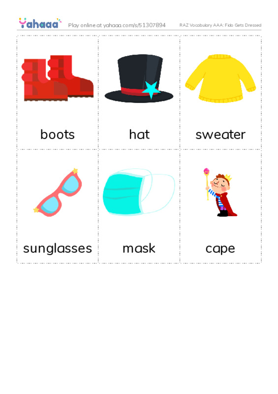 RAZ Vocabulary AAA: Fido Gets Dressed PDF flaschards with images