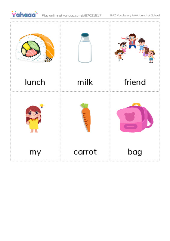 RAZ Vocabulary AAA: Lunch at School PDF flaschards with images