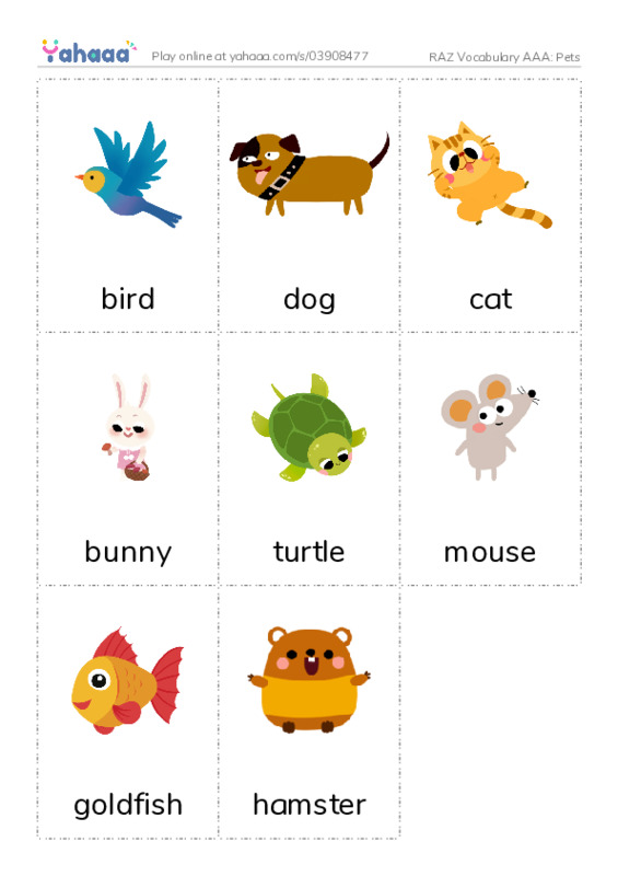 RAZ Vocabulary AAA: Pets PDF flaschards with images