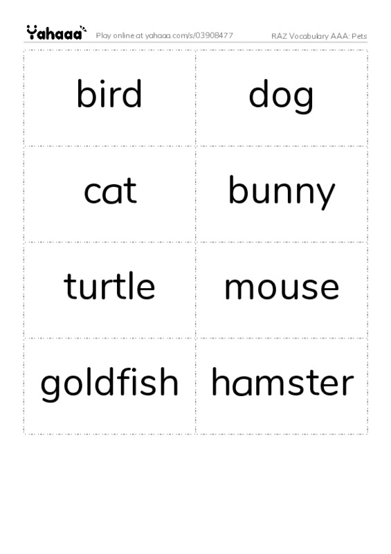 RAZ Vocabulary AAA: Pets PDF two columns flashcards