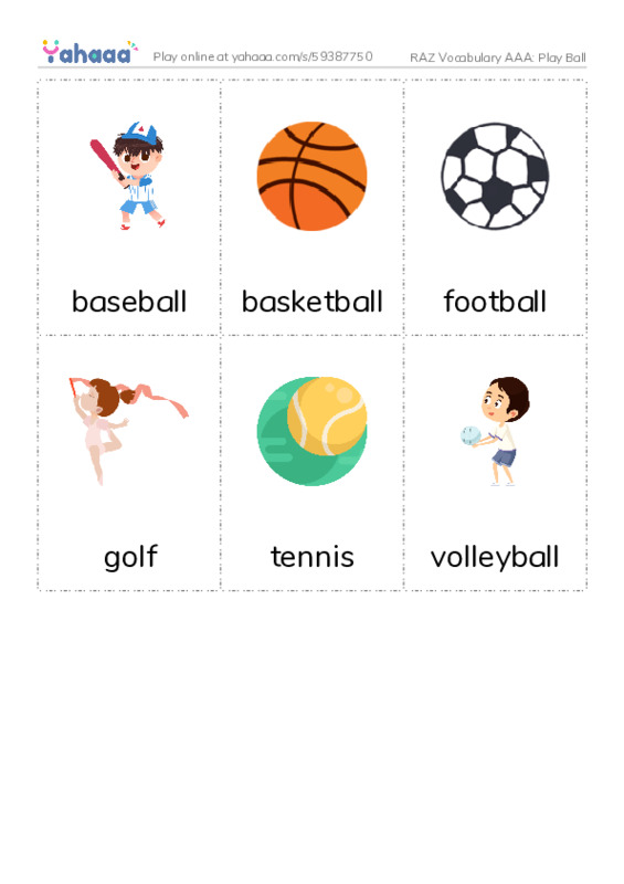 RAZ Vocabulary AAA: Play Ball PDF flaschards with images