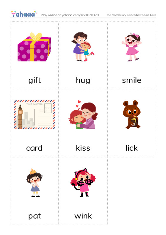 RAZ Vocabulary AAA: Show Some Love PDF flaschards with images