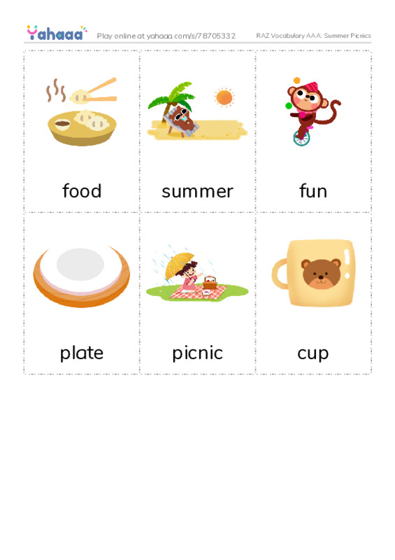 RAZ Vocabulary AAA: Summer Picnics PDF flaschards with images