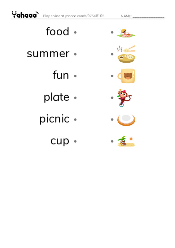 RAZ Vocabulary AAA: Summer Picnics PDF link match words worksheet