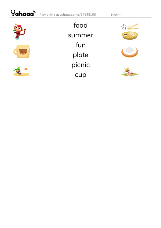 RAZ Vocabulary AAA: Summer Picnics PDF three columns match words