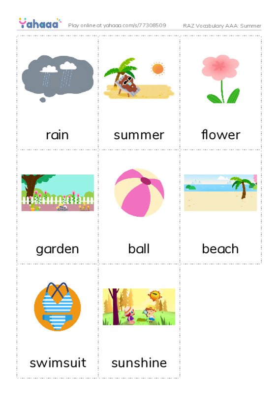 RAZ Vocabulary AAA: Summer PDF flaschards with images