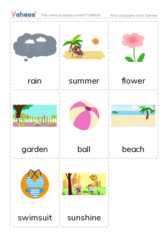 RAZ Vocabulary AAA: Summer PDF flaschards with images