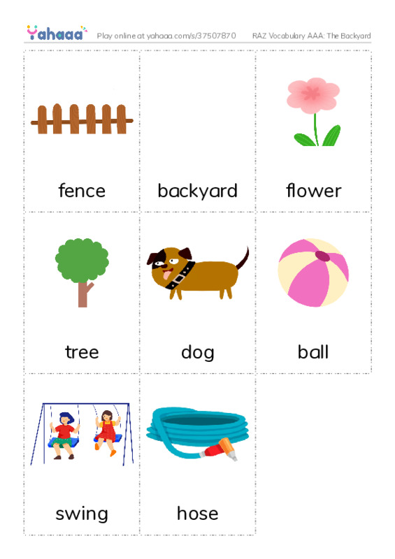 RAZ Vocabulary AAA: The Backyard PDF flaschards with images