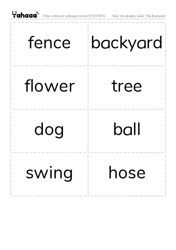 RAZ Vocabulary AAA: The Backyard PDF two columns flashcards