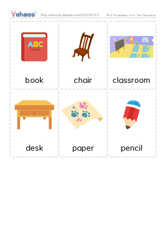 RAZ Vocabulary AAA: The Classroom PDF flaschards with images