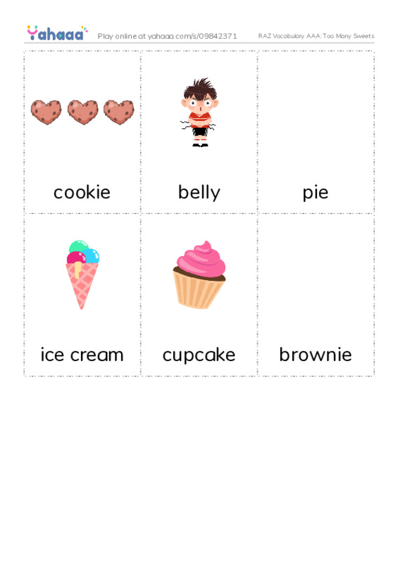 RAZ Vocabulary AAA: Too Many Sweets PDF flaschards with images