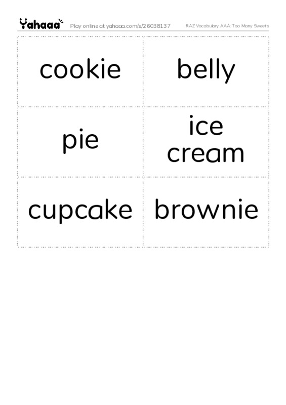 RAZ Vocabulary AAA: Too Many Sweets PDF two columns flashcards