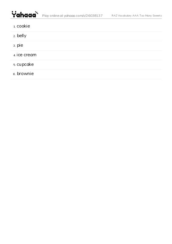 RAZ Vocabulary AAA: Too Many Sweets PDF words glossary