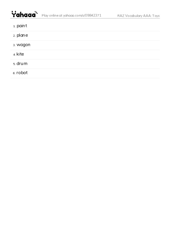 RAZ Vocabulary AAA: Toys PDF words glossary