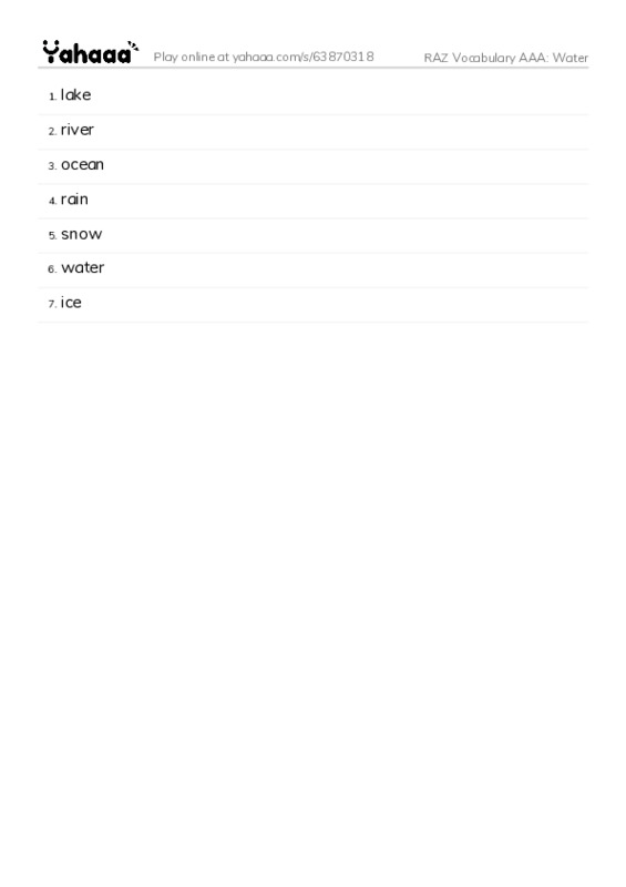 RAZ Vocabulary AAA: Water PDF words glossary