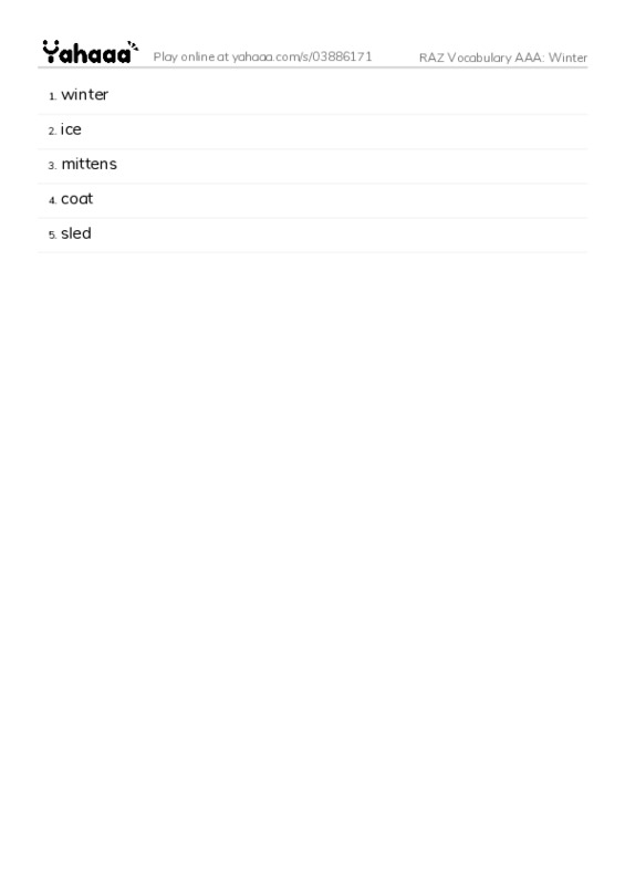 RAZ Vocabulary AAA: Winter PDF words glossary