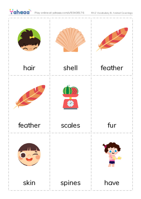 RAZ Vocabulary B: Animal Coverings PDF flaschards with images