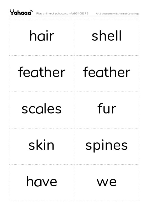 RAZ Vocabulary B: Animal Coverings PDF two columns flashcards