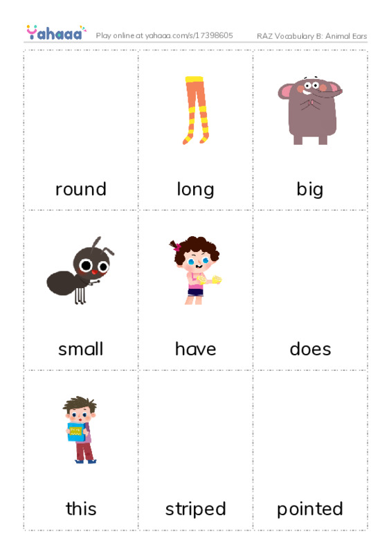 RAZ Vocabulary B: Animal Ears PDF flaschards with images