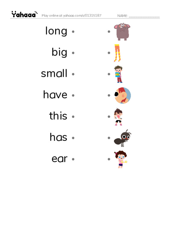 RAZ Vocabulary B: Animal Ears PDF link match words worksheet