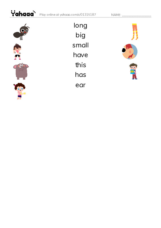 RAZ Vocabulary B: Animal Ears PDF three columns match words
