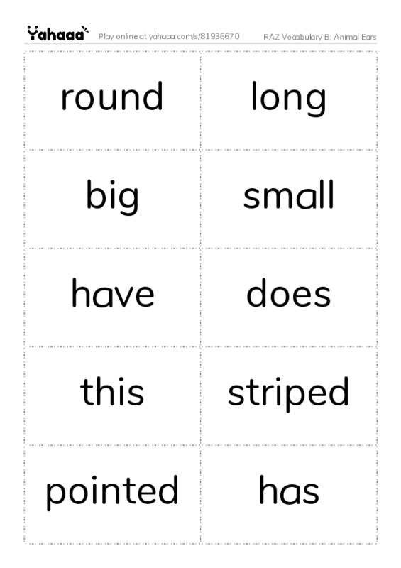 RAZ Vocabulary B: Animal Ears PDF two columns flashcards