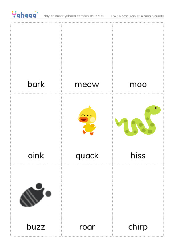 RAZ Vocabulary B: Animal Sounds PDF flaschards with images