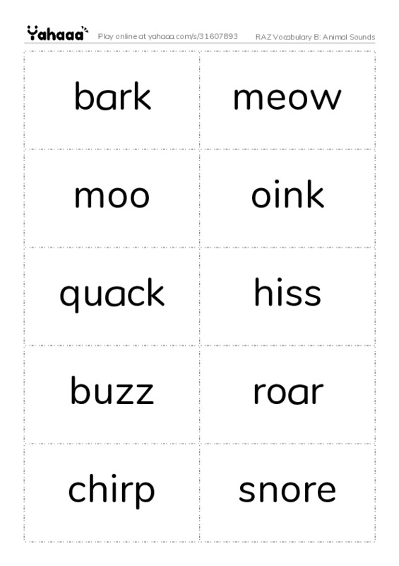 RAZ Vocabulary B: Animal Sounds PDF two columns flashcards
