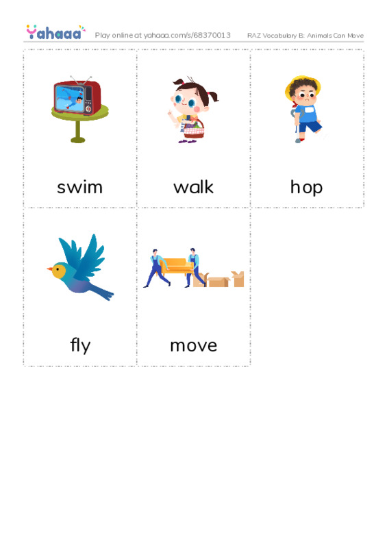 RAZ Vocabulary B: Animals Can Move PDF flaschards with images