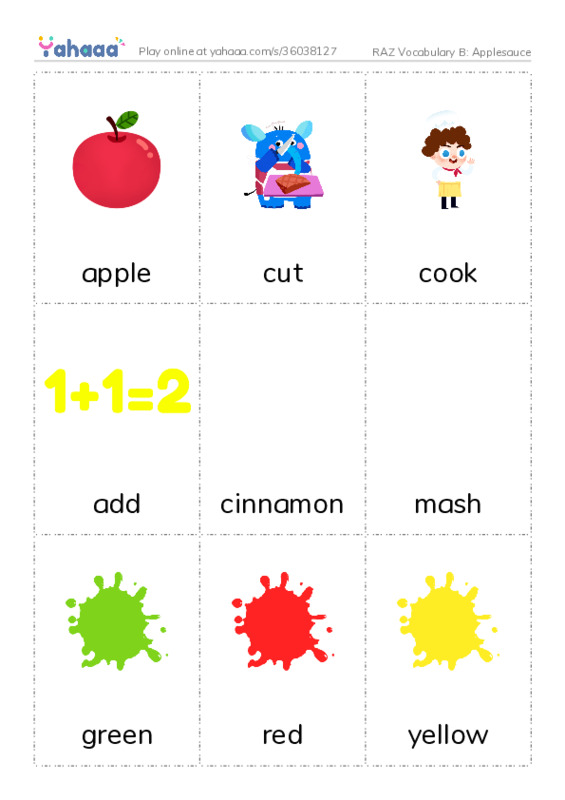 RAZ Vocabulary B: Applesauce PDF flaschards with images