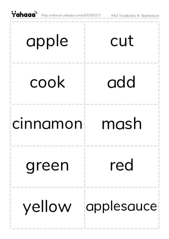 RAZ Vocabulary B: Applesauce PDF two columns flashcards