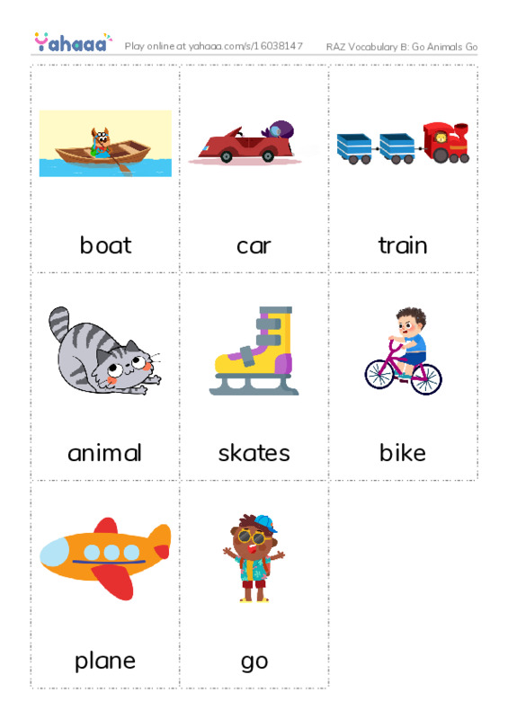 RAZ Vocabulary B: Go Animals Go PDF flaschards with images