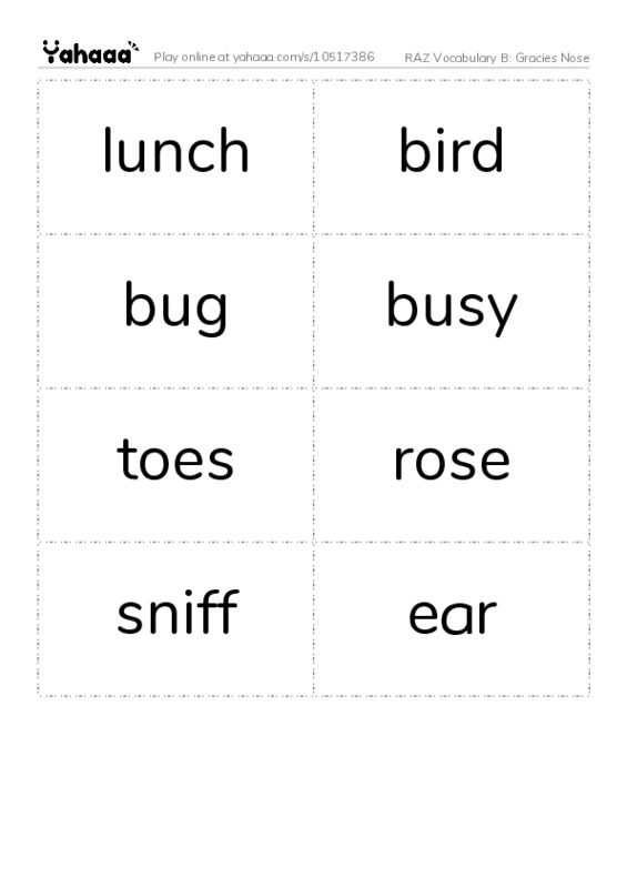 RAZ Vocabulary B: Gracies Nose PDF two columns flashcards