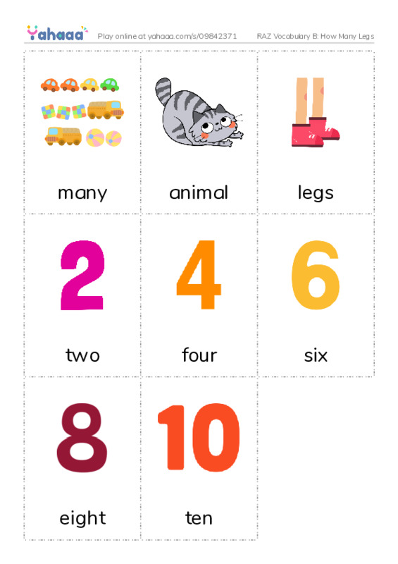 RAZ Vocabulary B: How Many Legs PDF flaschards with images