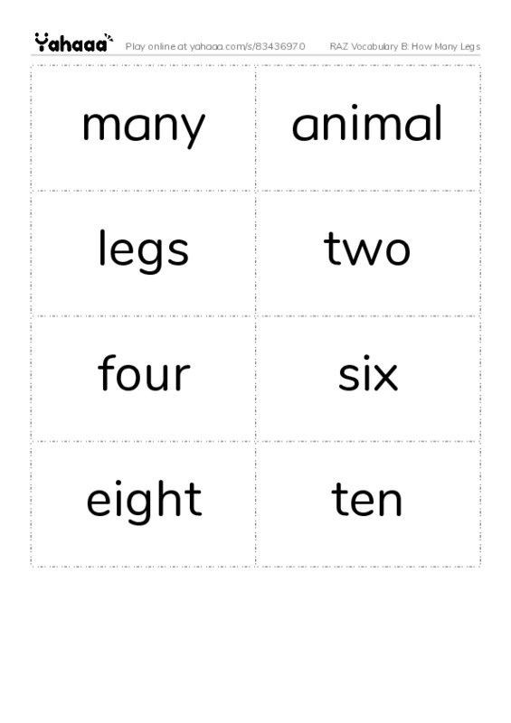 RAZ Vocabulary B: How Many Legs PDF two columns flashcards