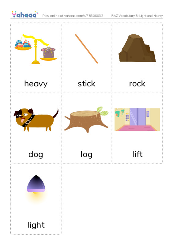 RAZ Vocabulary B: Light and Heavy PDF flaschards with images