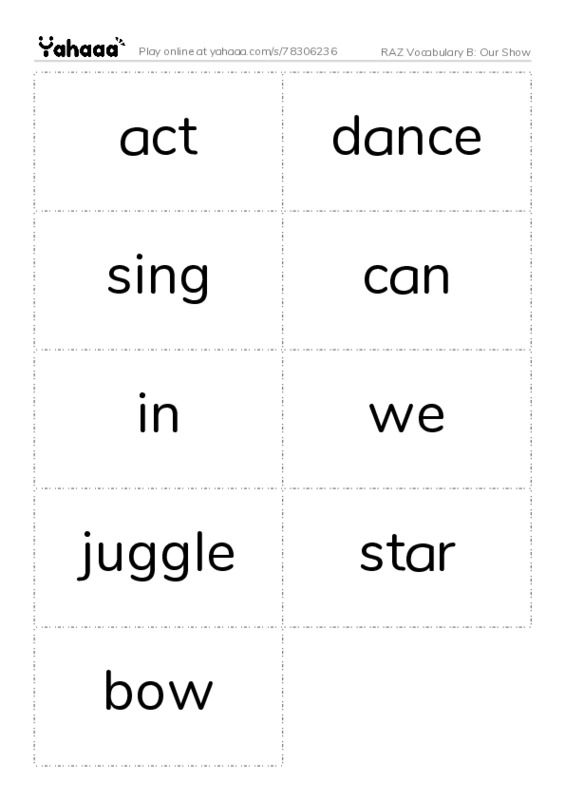 RAZ Vocabulary B: Our Show PDF two columns flashcards